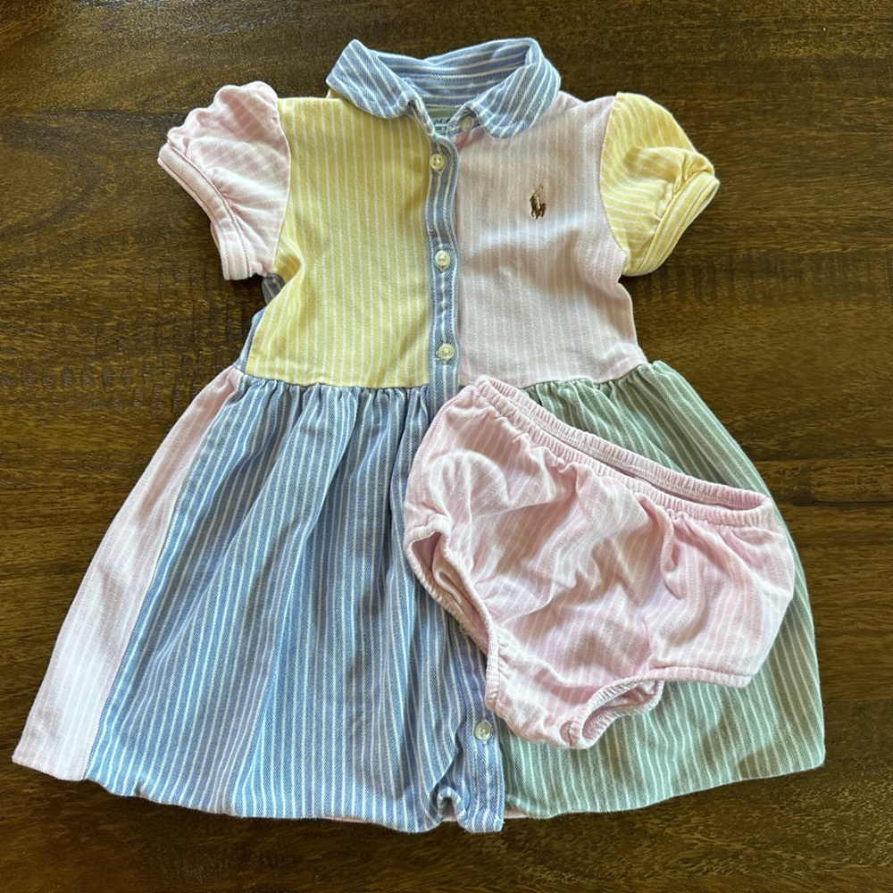 Polo Ralph Lauren Colorful Striped Oxford Baby Dress with Bloomers